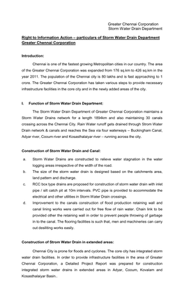 Particulars of Storm Water Drain Department Greater Chennai Corporation