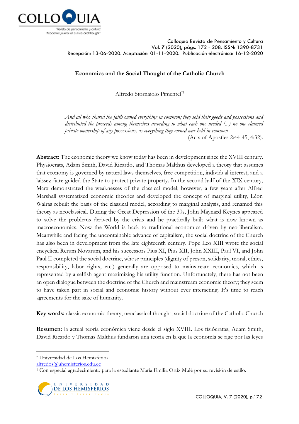 Economics and the Social Thought of the Catholic Church Alfredo