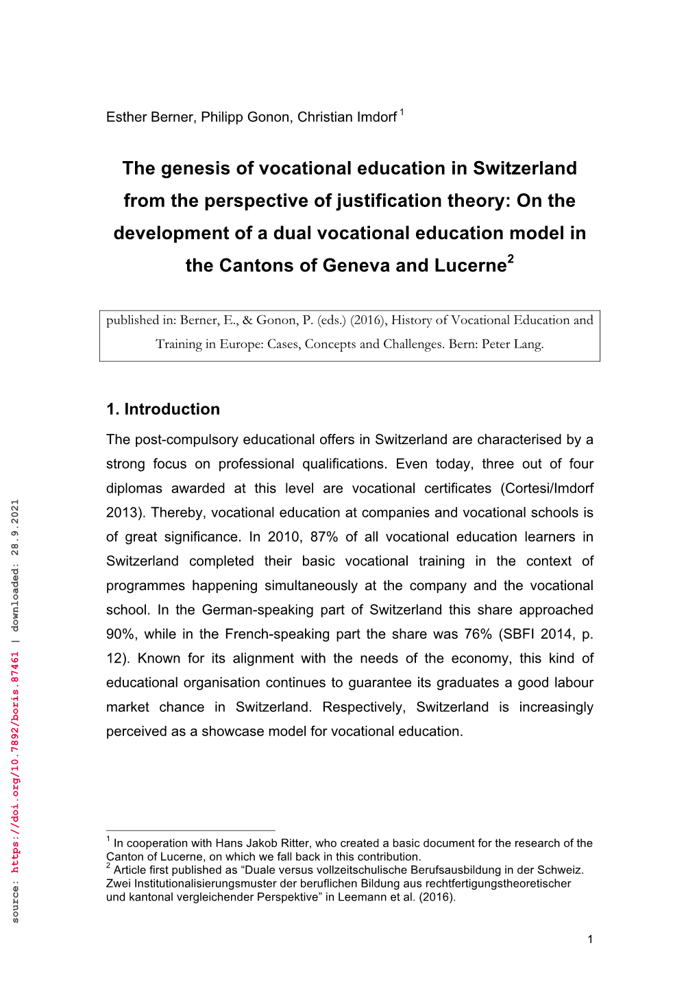 The Genesis of Vocational Education in Switzerland from The