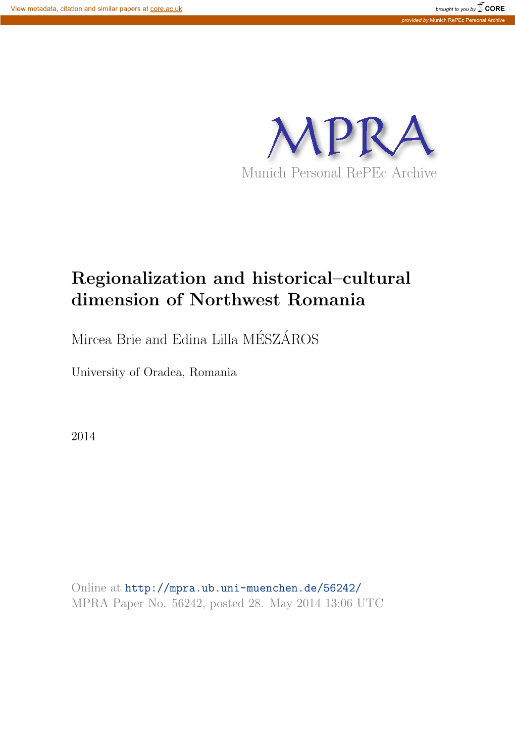 Regionalization and Historical–Cultural Dimension of Northwest Romania