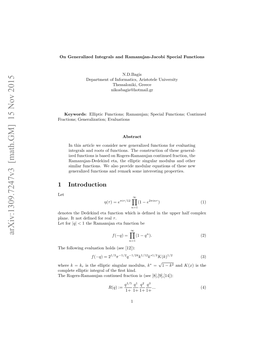On Generalized Integrals and Ramanujan-Jacobi Special Functions