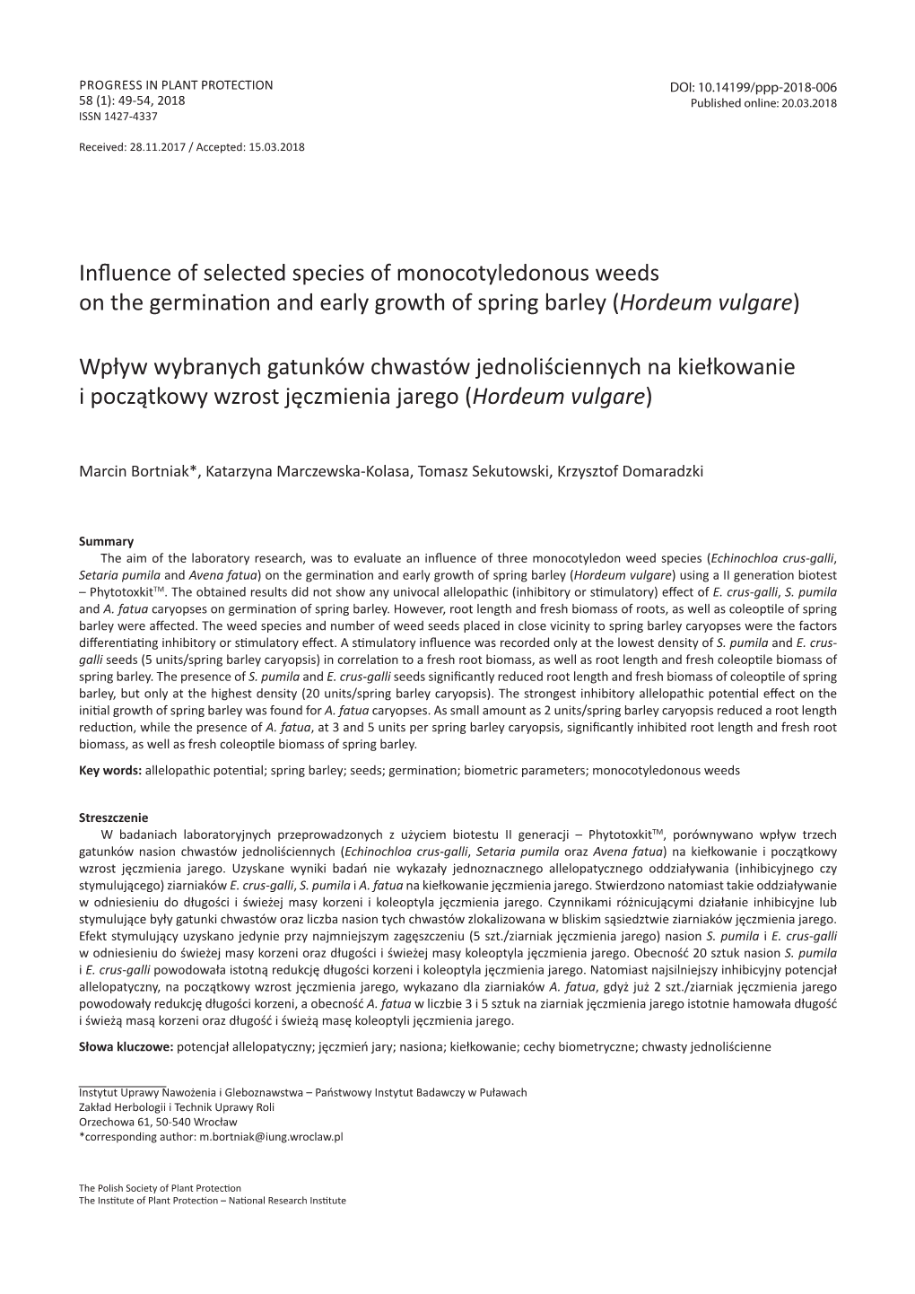 Influence of Selected Species of Monocotyledonous Weeds on the Germination and Early Growth of Spring Barley (Hordeum Vulgare)