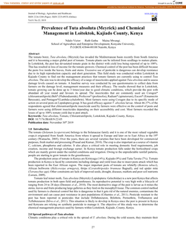 Prevalence of Tuta Absoluta (Meyrick) and Chemical Management in Loitoktok, Kajiado County, Kenya