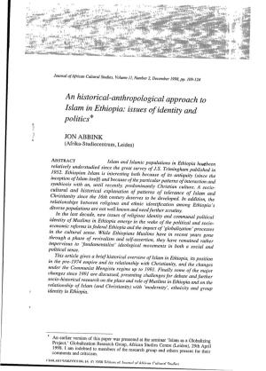 An Historical-Anthropological Approach to Islam in Ethiopia: Issues Ofidentity and Politics*