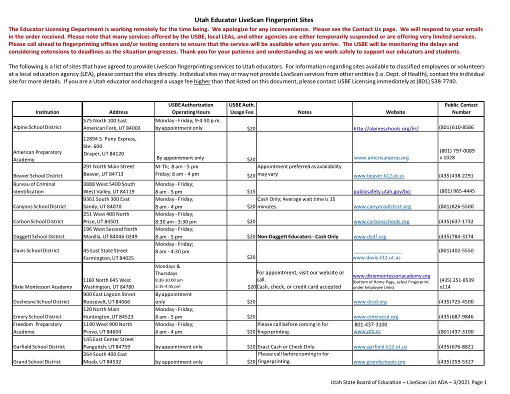 Utah Educator Livescan Fingerprint Sites