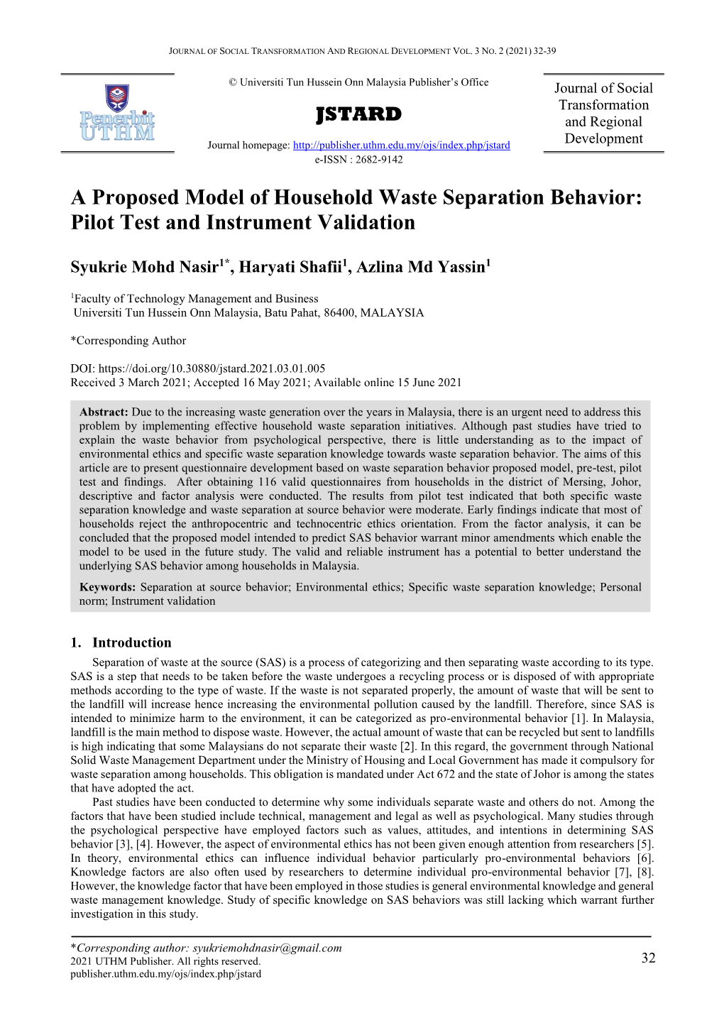 A Proposed Model of Household Waste Separation Behavior: Pilot Test and Instrument Validation