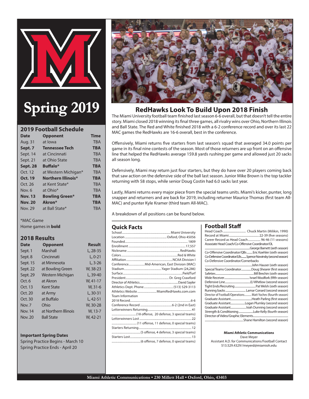 Spring 2019 the Miami University Football Team Finished Last Season 6-6 Overall, but That Doesn’T Tell the Entire Story