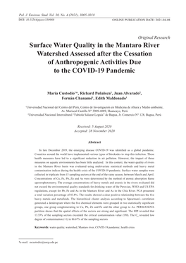Surface Water Quality in the Mantaro River Watershed Assessed After the Cessation of Anthropogenic Activities Due to the COVID-19 Pandemic
