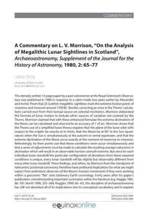 On the Analysis of Megalithic Lunar Sightlines in Scotland”, Archaeoastronomy, Supplement of the Journal for the History of Astronomy, 1980, 2: 65–77