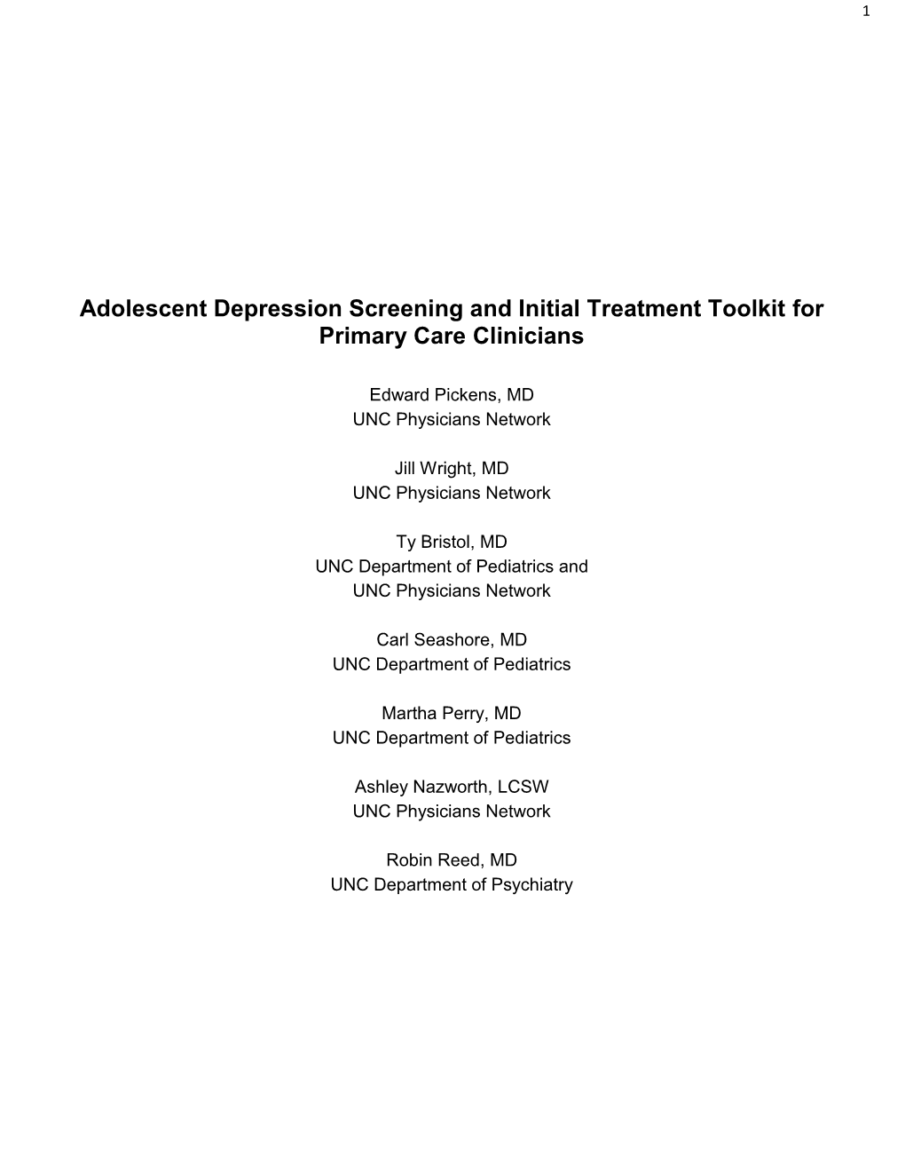 Adolescent Depression Screening and Initial Treatment Toolkit for Primary Care Clinicians