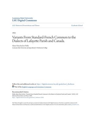 Variants from Standard-French Common to the Dialects of Lafayette Parish and Canada