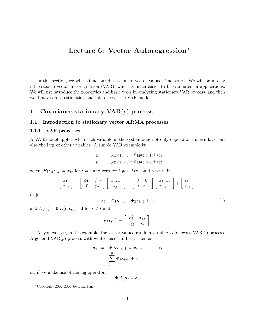 Lecture 6: Vector Autoregression∗