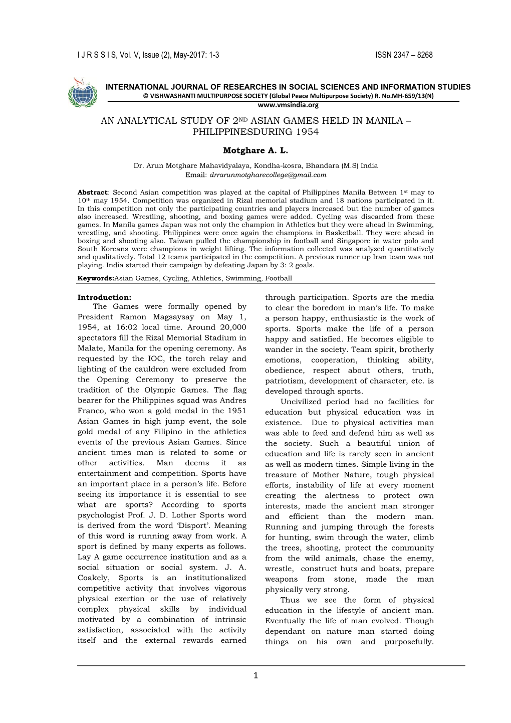 1 an Analytical Study of 2Nd Asian Games Held in Manila