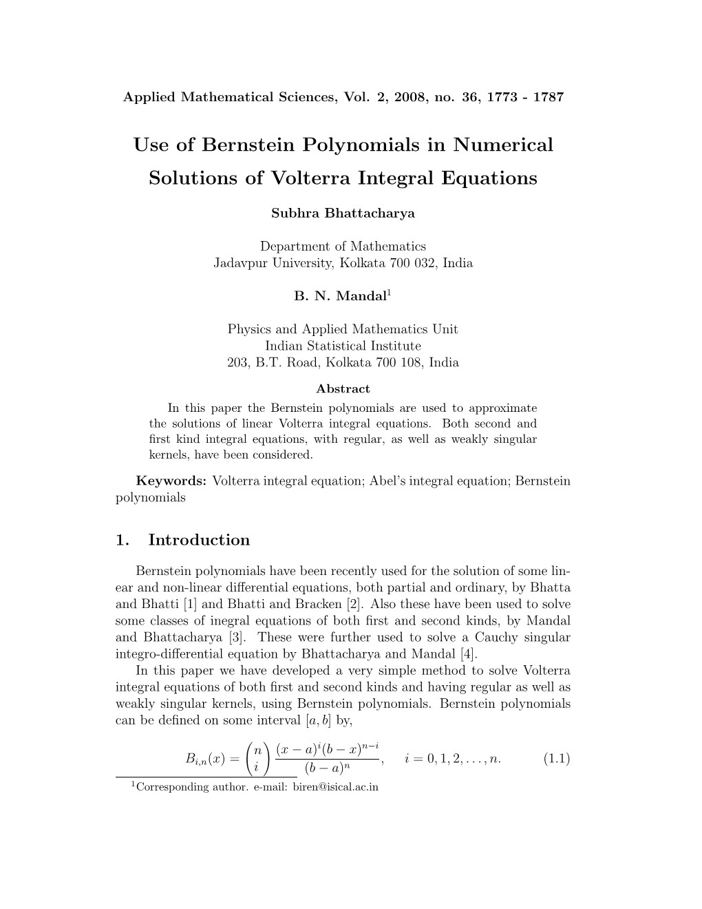 Use of Bernstein Polynomials in Numerical Solutions of Volterra Integral Equations