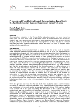 Problems and Possible Solutions of Communication Education in the Turkish Education System: Department Name Problems