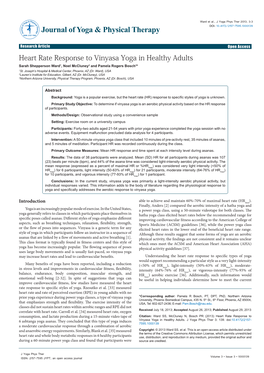 Heart Rate Response to Vinyasa Yoga in Healthy Adults Sarah Shepperson Ward1, Noel Mccluney2 and Pamela Rogers Bosch3* 1St