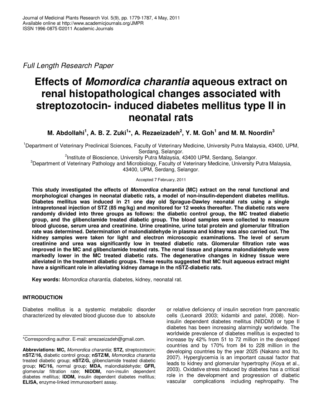 Effects of Momordica Charantia Aqueous Extract on Renal Histopathological Changes Associated with Streptozotocin- Induced Diabetes Mellitus Type II in Neonatal Rats