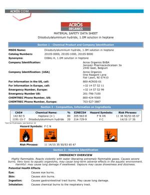 MATERIAL SAFETY DATA SHEET Diisobutylaluminium Hydride, 1.0M Solution in Heptane