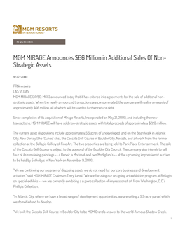 MGM MIRAGE Announces $66 Million in Additional Sales of Non- Strategic Assets