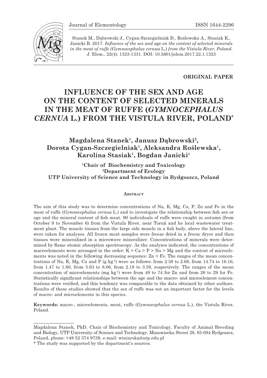 Influence of the Sex and Age on the Content of Selected Minerals in the Meat of Ruffe (Gymnocephalus Cernua L.) from the Vistula River, Poland