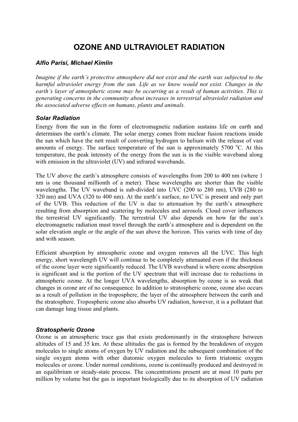 Ozone and Ultraviolet Radiation