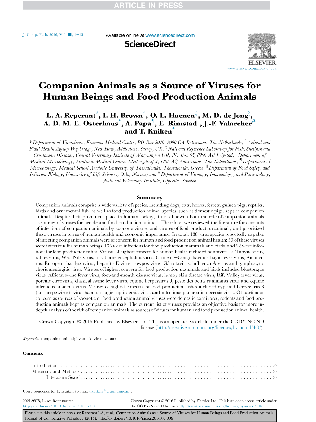 Companion Animals As a Source of Viruses for Human Beings and Food Production Animals