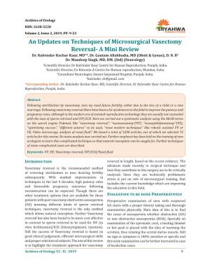 An Updates on Techniques of Microsurgical Vasectomy Reversal- a Mini Review Dr