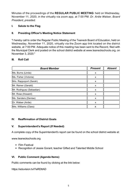 Minutes of the Proceedings of the REGULAR PUBLIC MEETING Held on Wednesday, November 11, 2020, in the Virtually Via Zoom App, at 7:00 PM