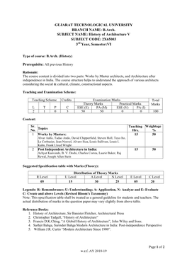 History of Architecture V SUBJECT CODE: 2X65003 3 Year, Seme