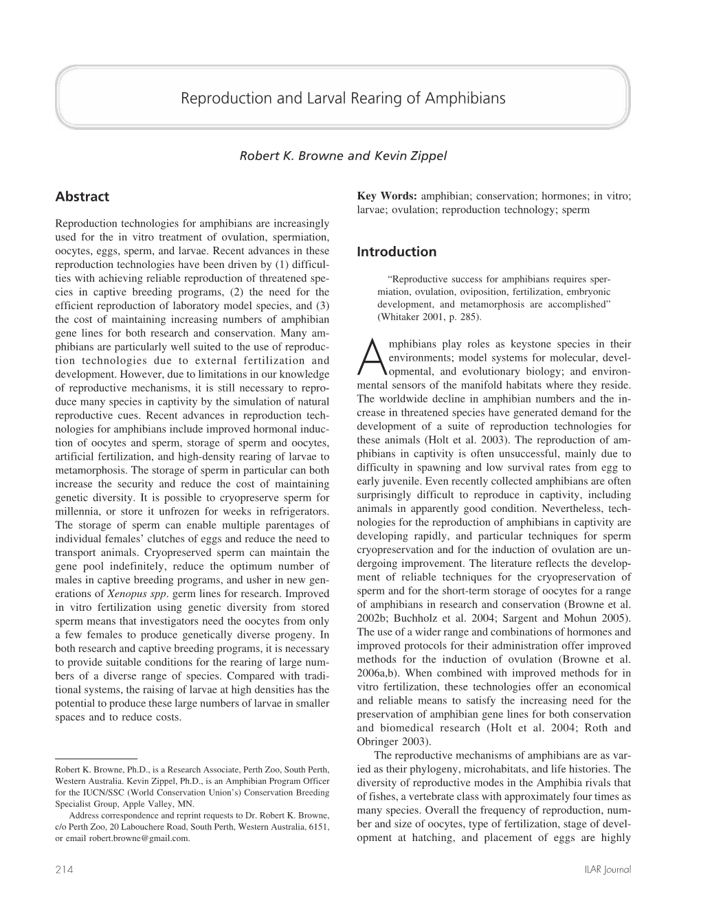 Reproduction and Larval Rearing of Amphibians