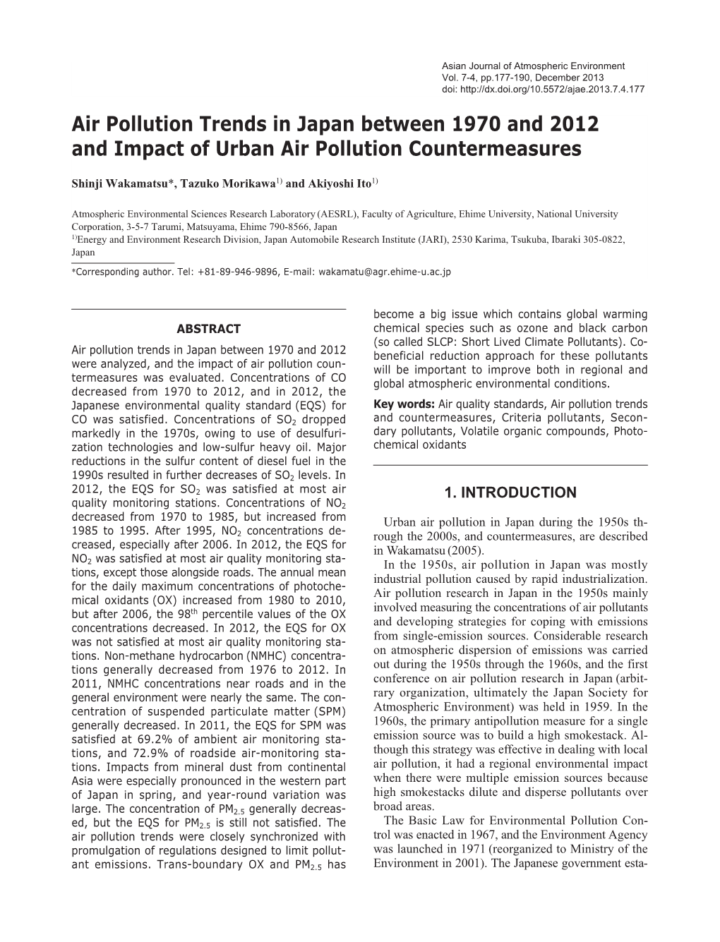 Air Pollution Trends in Japan Between 1970 and 2012 and Impact of Urban Air Pollution Countermeasures