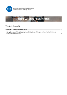 Table of Contents Language Course/Short Course 2 Study Semester: Principles of Sustainable Business • Trier University of Applied Sciences • Hoppstädten-Weiersbach 2