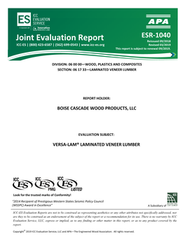 ESR-1040 Reissued September 2018 Revised March 2019 This Report Is Subject to Renewal September 2019