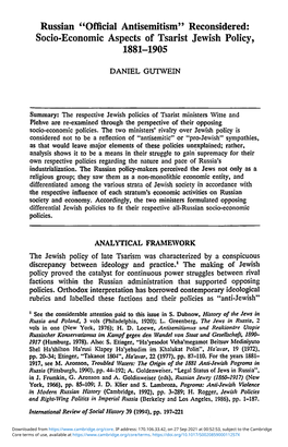 Socio-Economic Aspects of Tsarist Jewish Policy, 1881-1905