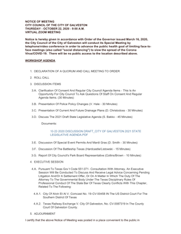 Notice of Meeting City Council of the City of Galveston Thursday - October 22, 2020 - 9:00 A.M