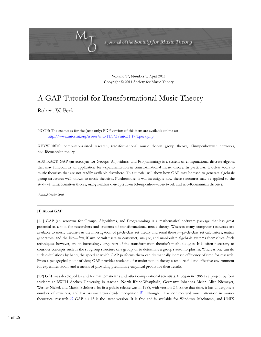 MTO 17.1: Peck, a GAP Tutorial for Transformational Music Theory