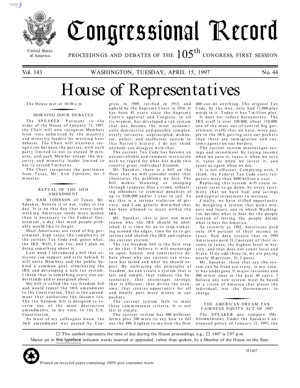 Congressional Record United States Th of America PROCEEDINGS and DEBATES of the 105 CONGRESS, FIRST SESSION