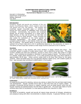 6 CULTIVATION of SQUASH (Cucurbita Pepo L.) Kenneth V a Richardson Department of Agriculture Nassau, Bahamas July 2019