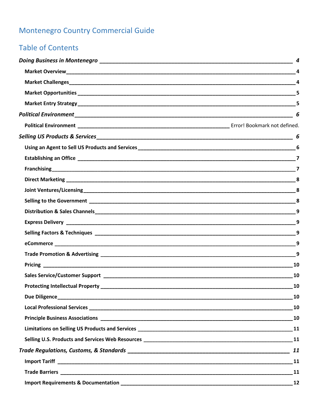 Montenegro Country Commercial Guide Table of Contents