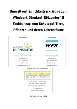Umweltverträglichkeitserklärung Zum Windpark Dürnkrut-Götzendorf II Fachbeitrag Zum Schutzgut Tiere, Pflanzen Und Deren Lebensräume
