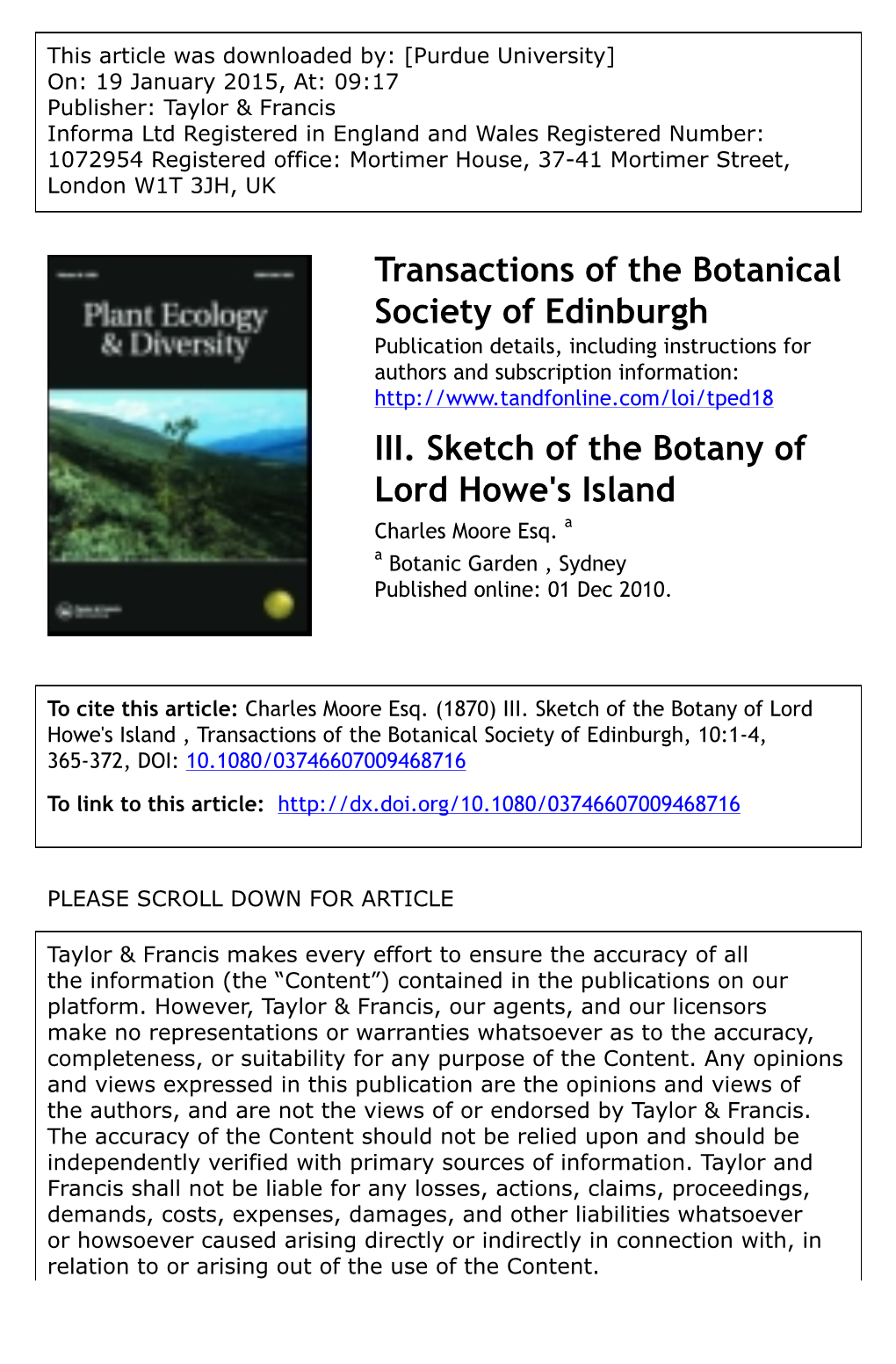 Transactions of the Botanical Society of Edinburgh III. Sketch of the Botany of Lord Howe's Island