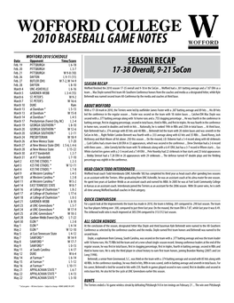 Wofford College 2010 Baseball Game Notes