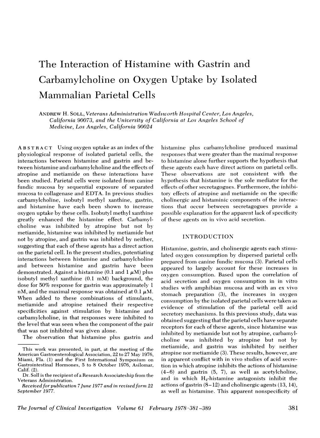 Carbamylcholine on Oxygen Uptake by Isolated Mammalian Parietal Cells