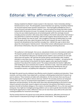 Editorial: Why Affirmative Critique?