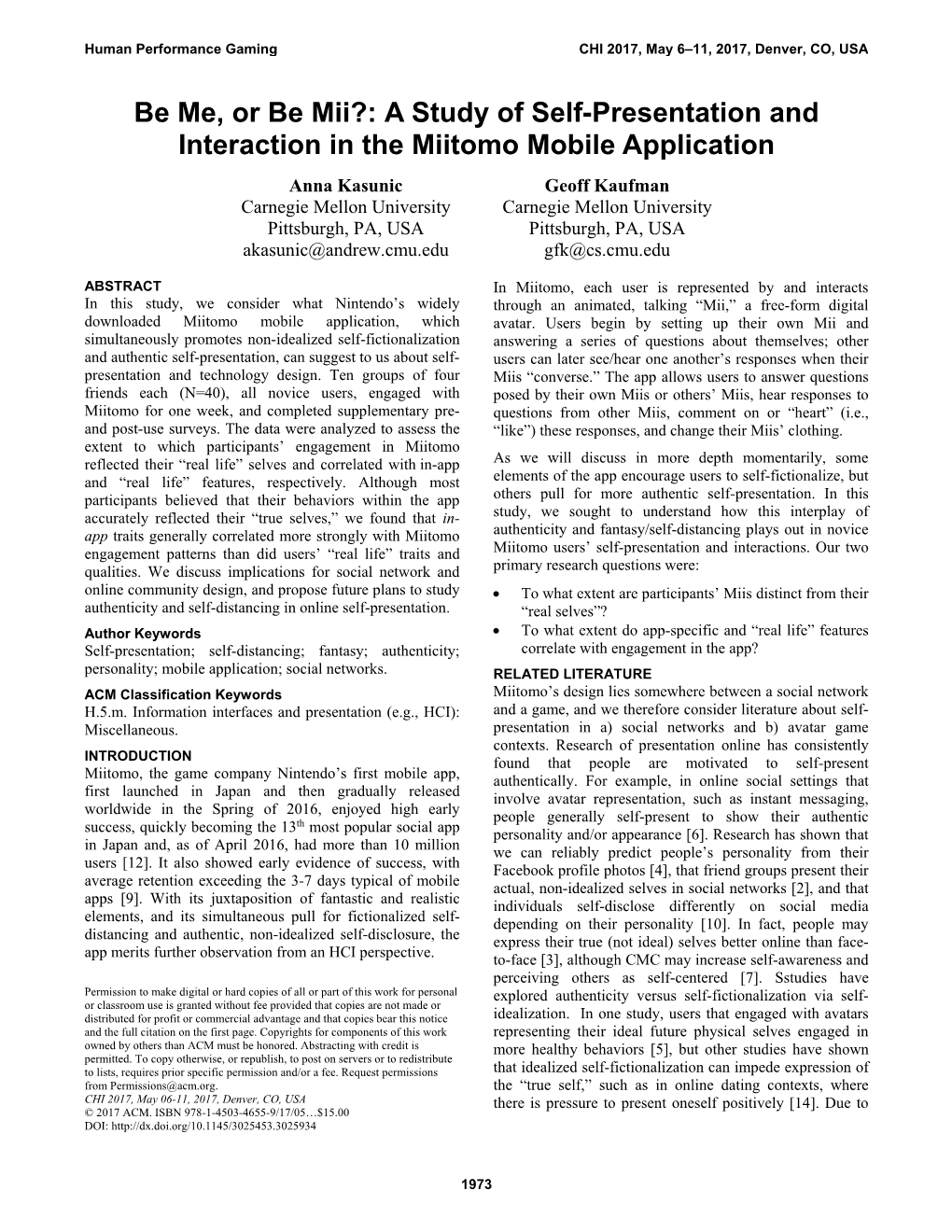 Be Me, Or Be Mii?: a Study of Self-Presentation and Interaction in the Miitomo Mobile Application