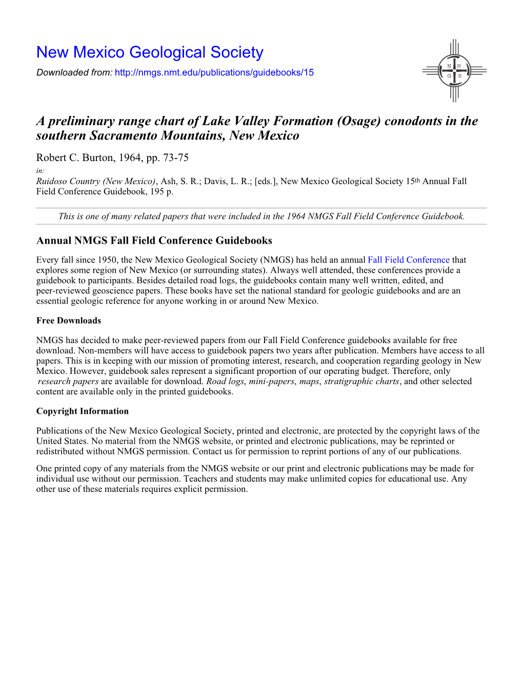 A Preliminary Range Chart of Lake Valley Formation (Osage) Conodonts in the Southern Sacramento Mountains, New Mexico Robert C