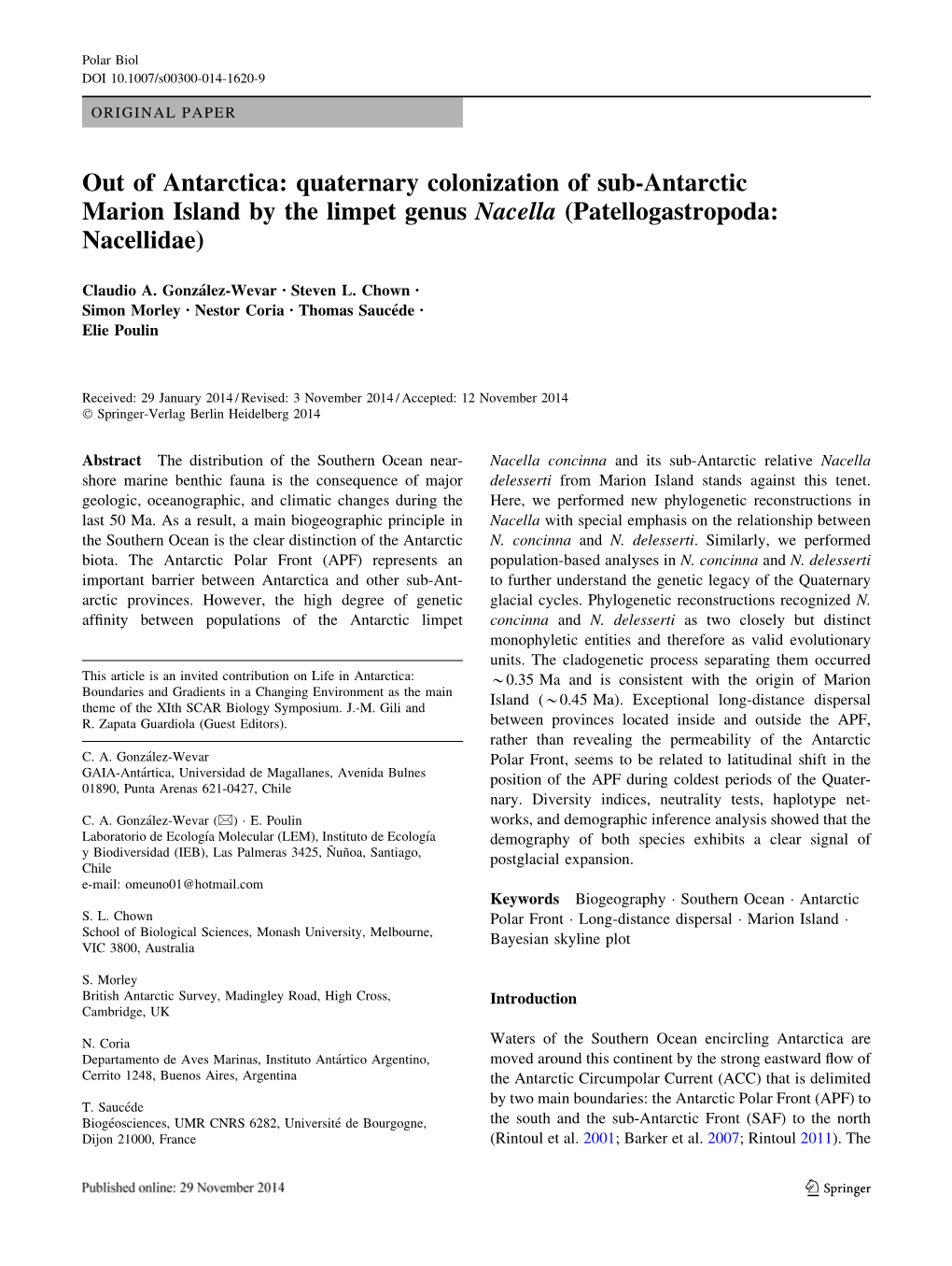 Out of Antarctica: Quaternary Colonization of Sub-Antarctic Marion Island by the Limpet Genus Nacella (Patellogastropoda: Nacellidae)