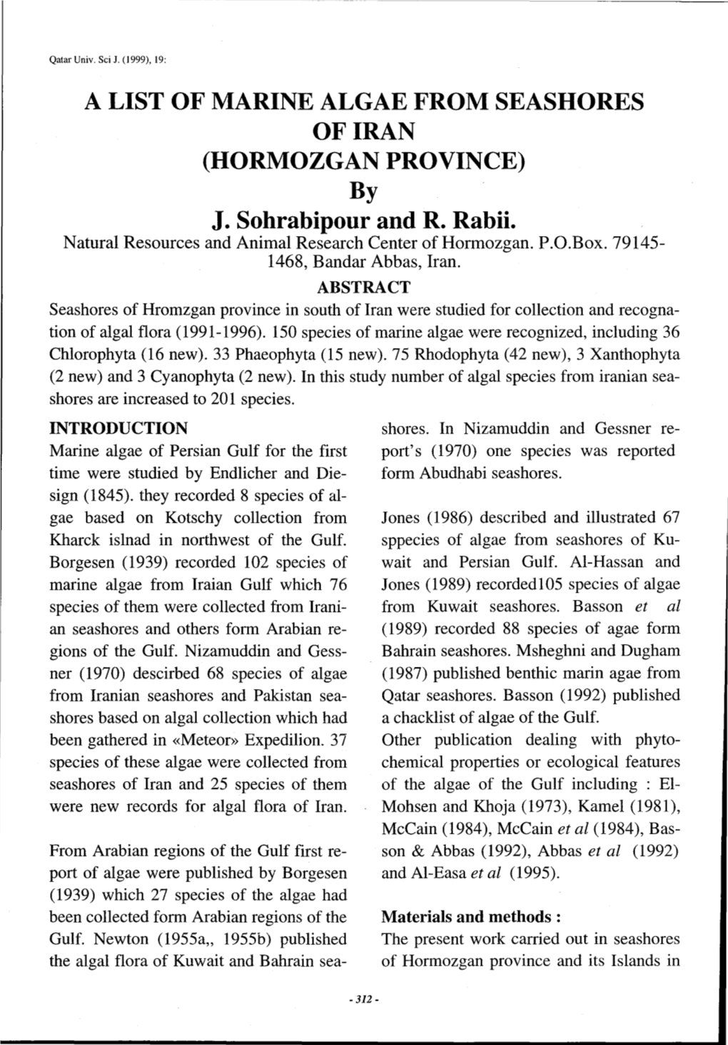 A LIST of MARINE ALGAE from SEASHORES of IRAN (HORMOZGAN PROVINCE) by J