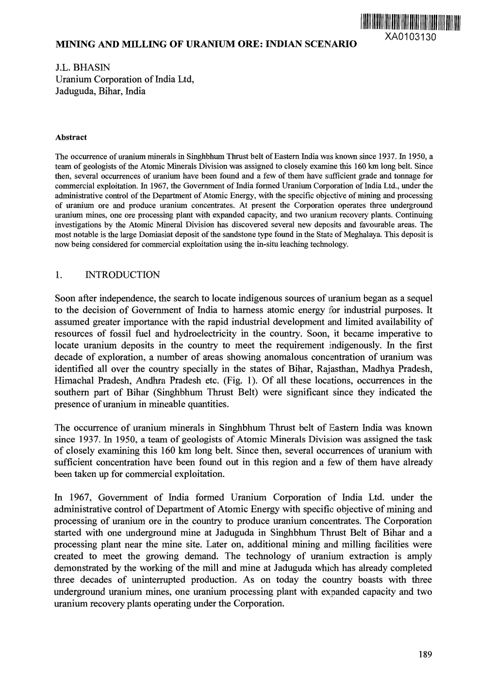 Mining and Milling of Uranium Ore: Indian Scenario