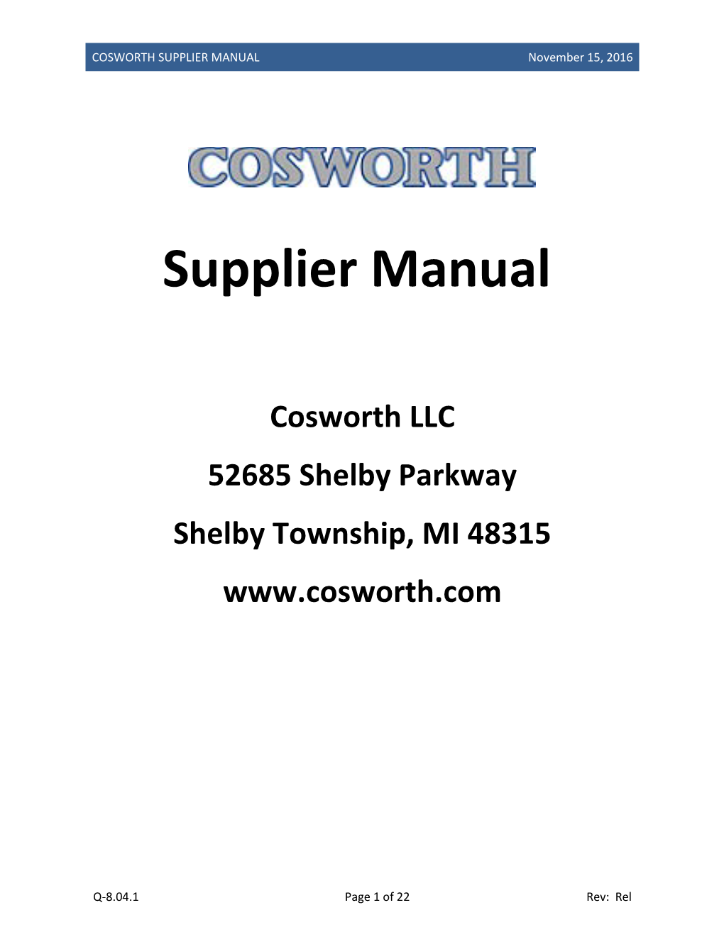 COSWORTH SUPPLIER MANUAL November 15, 2016